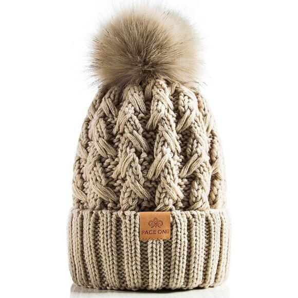 ?Womens Winter Ribbed Beanie Crossed Cap Chunky Cable Knit Pompom Soft Warm Hat main image 4